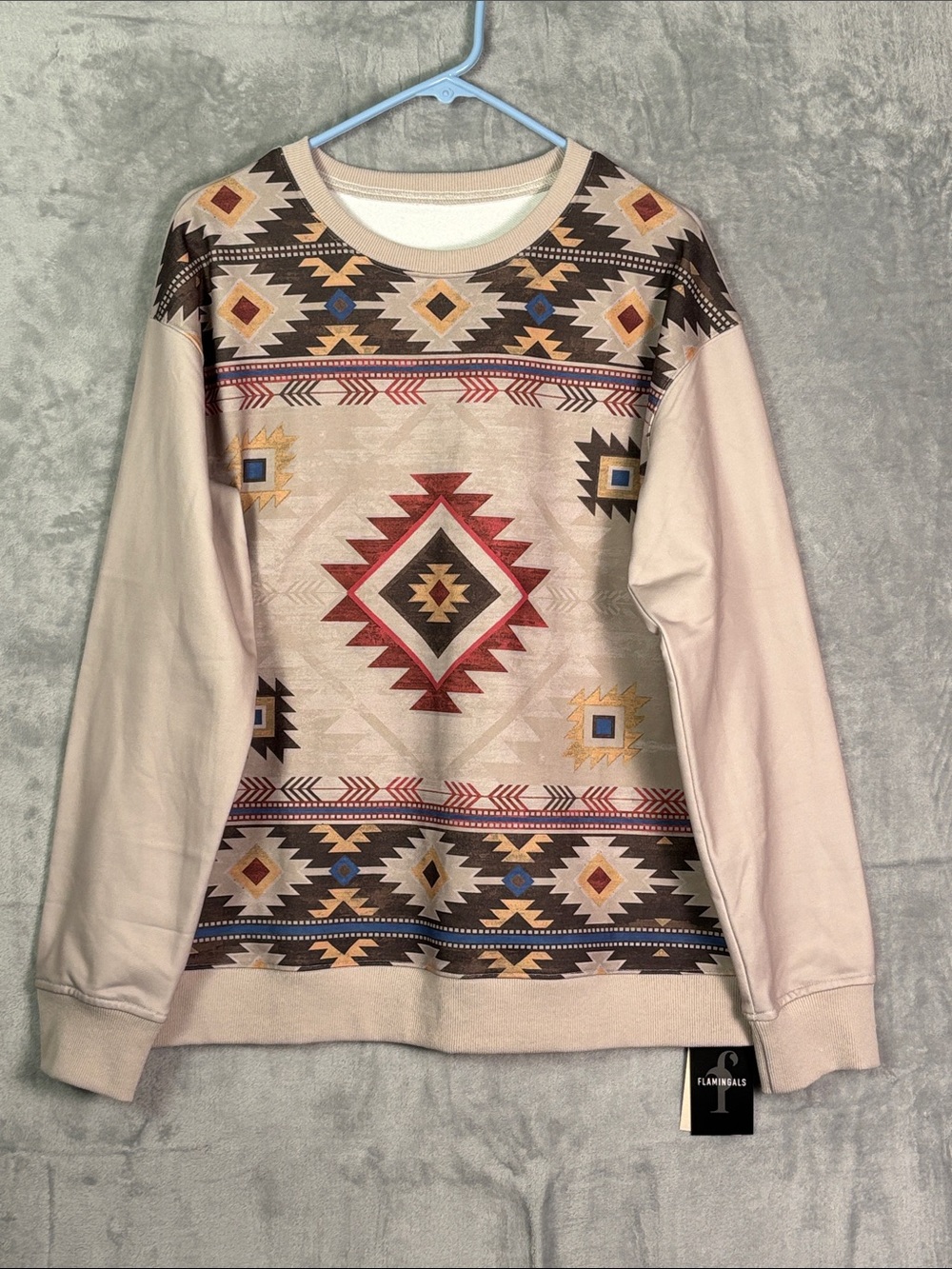NWT New Flamingals Crew Neck Taupe Native Tribal Deisgn Sweatshirt Size Large